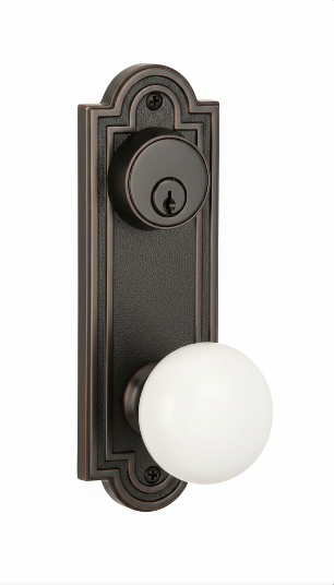 Emtek 8071 Passage Double Keyed, Sideplate Locksets Belmont 3-5/8" c-c Keyed, Porcelain Knob