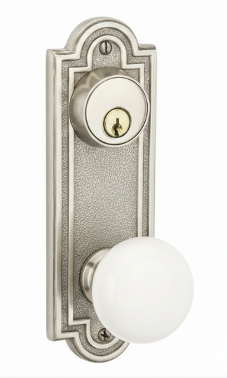 Emtek 8071 Passage Double Keyed, Sideplate Locksets Belmont 3-5/8" c-c Keyed, Porcelain Knob
