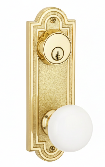 Emtek 8071 Passage Double Keyed, Sideplate Locksets Belmont 3-5/8" c-c Keyed, Porcelain Knob