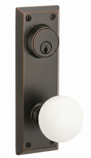 Emtek 8085 Dummy Pair, Sideplate Locksets Quincy 3-5/8" c-c keyed, Porcelain Knob