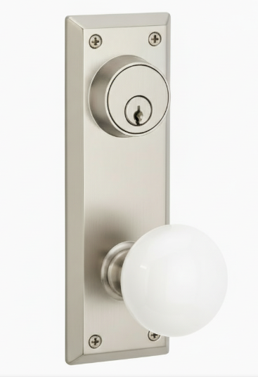 Emtek 8085 Dummy Pair, Sideplate Locksets Quincy 3-5/8" c-c keyed, Porcelain Knob