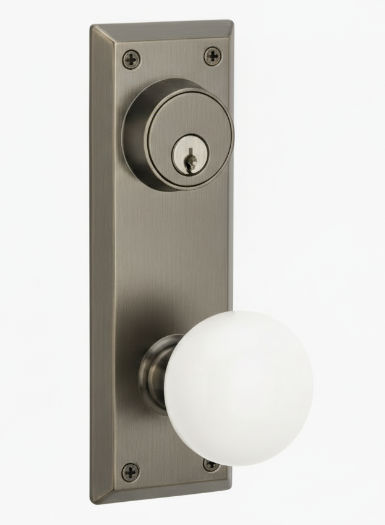 Emtek 8080 Passage Single Keyed, Sideplate Locksets Quincy 3-5/8" c-c Keyed, Porcelain Knob
