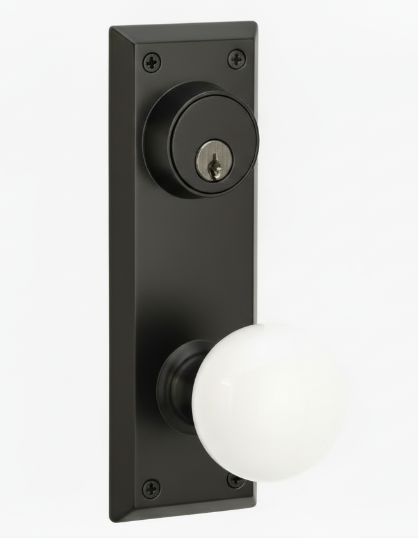 Emtek 8080 Passage Single Keyed, Sideplate Locksets Quincy 3-5/8" c-c Keyed, Porcelain Knob