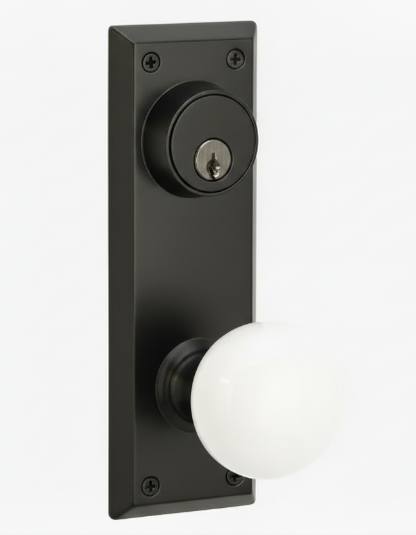 Emtek 8080 Passage Single Keyed, Sideplate Locksets Quincy 3-5/8" c-c Keyed, Porcelain Knob