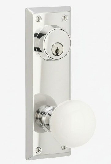 Emtek 8080 Passage Single Keyed, Sideplate Locksets Quincy 3-5/8" c-c Keyed, Porcelain Knob