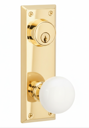 Emtek 8080 Passage Single Keyed, Sideplate Locksets Quincy 3-5/8" c-c Keyed, Porcelain Knob