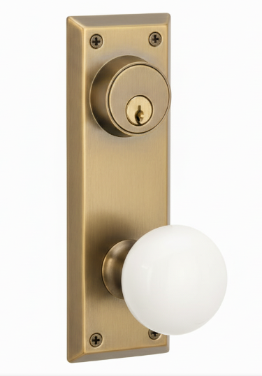 Emtek 8080 Passage Single Keyed, Sideplate Locksets Quincy 3-5/8" c-c Keyed, Porcelain Knob