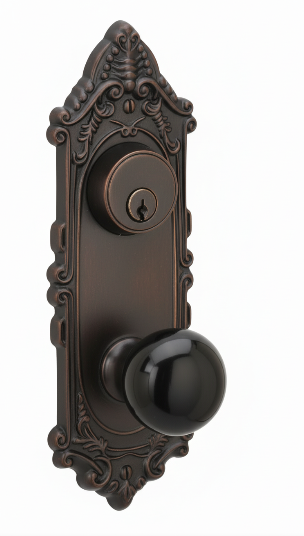 Emtek 8090 Passage Single Keyed, Sideplate Locksets Victoria 3-5/8" c-c Keyed, Porcelain Knob
