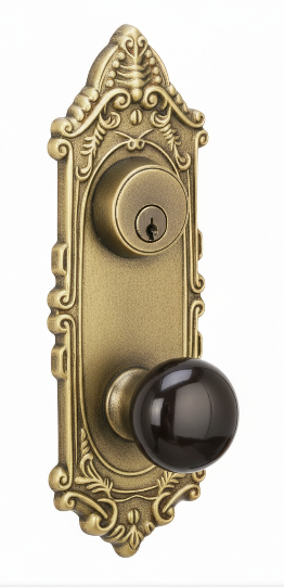 Emtek 8091 Passage Double Keyed, Sideplate Locksets Victoria 3-5/8" c-c Keyed, Porcelain Knob