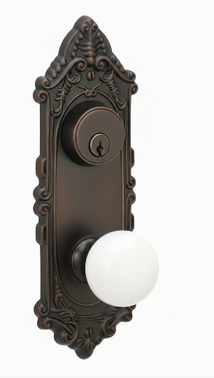 Emtek 8095 Dummy Pair, Sideplate Locksets Victoria 3-5/8" c-c keyed, Porcelain Knob