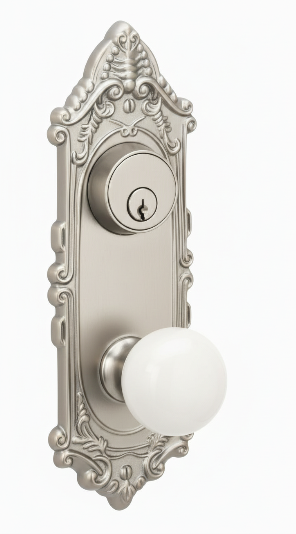 Emtek 8095 Dummy Pair, Sideplate Locksets Victoria 3-5/8" c-c keyed, Porcelain Knob