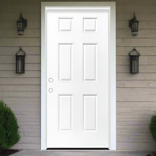 Pre-Hung Fiberglas Smooth 6-Panel Raised Pre-hung on 4-9/16" Exterior Smooth Composite Jamb, White Weatherstrip, Alum Mill Sill, Satin Nickel Hinge, Double Bore  FL#17347