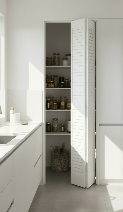 Bifold: Plantation Louver over Louver Primed Bifold Door w/Hardware