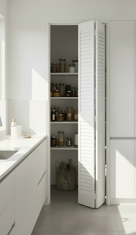 Bifold: Plantation Louver over Louver Primed Bifold Door w/Hardware