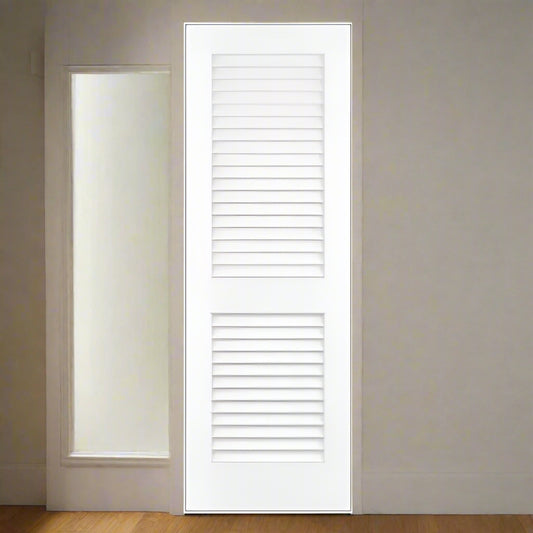 Single Pre-hung: Primed MDF Plantation Louver/Louver 1-3/8" on a Primed Finger Joint Flat Jamb Bundle