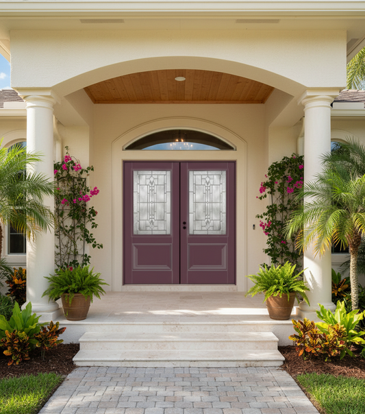 Lucerna double door two thirds lite over one panel smooth fiberglass door