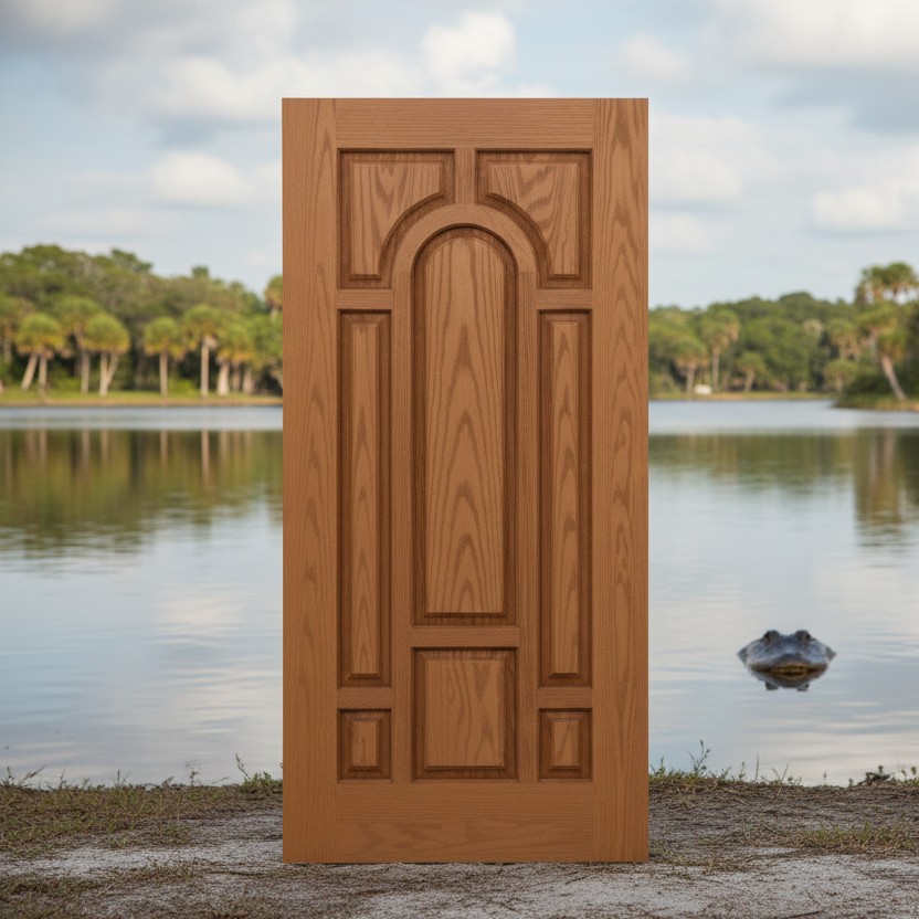 SLAB: Fiberglass Smooth 8-Panel Center Arch Raised HVHZ-Impact DRG80I (unfinished)