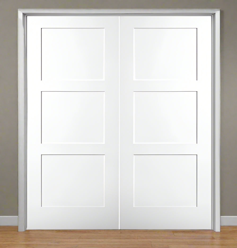 Double PreHung: Primed Moulded Smooth 3-Panel Equal Birkdale Shaker Style Hollow Core  1 3/8" Thick, 6/8(80") Height, w/T-ASTRAGAL