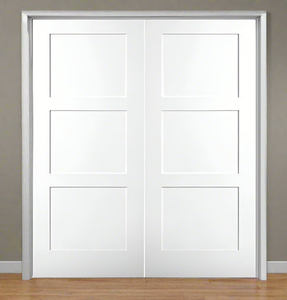 Double PreHung: Primed Moulded Smooth 3-Panel Equal Birkdale Shaker Style Hollow Core  1 3/8" Thick, 6/8(80") Height, w/T-ASTRAGAL