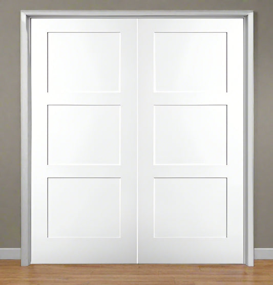 Double PreHung: Primed Moulded Smooth 3-Panel Equal Birkdale Shaker Style Solid Core  1 3/8" Thick, 6/8(80") Height, w/T-ASTRAGAL