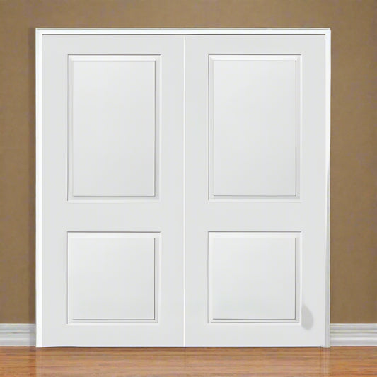 Double PreHung: Carrara 6/8(80") Primed Moulded Smooth 2-Panel Squaretop Raised Hollow Core Slab 1 3/8" w/ball catch