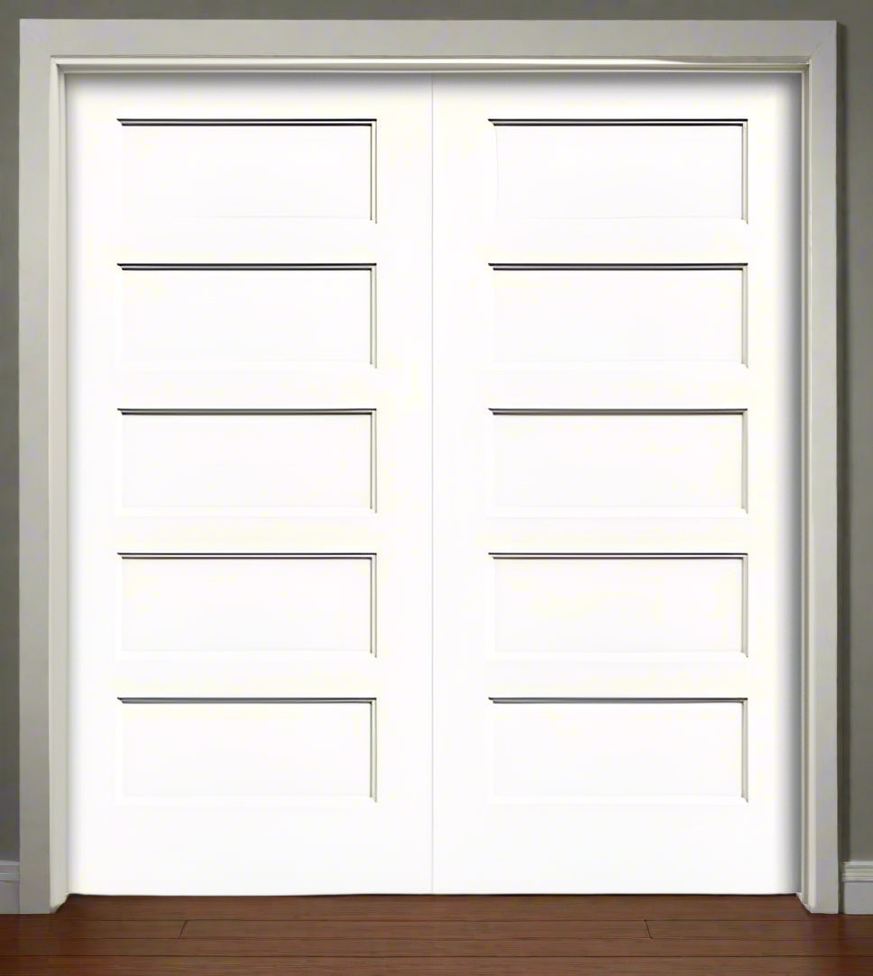 Double PreHung: Primed Moulded Smooth 5-Panel Equal Conmore Shaker Style Solid Core  1 3/8" Thick, 6/8(80") Height, w/T-ASTRAGAL