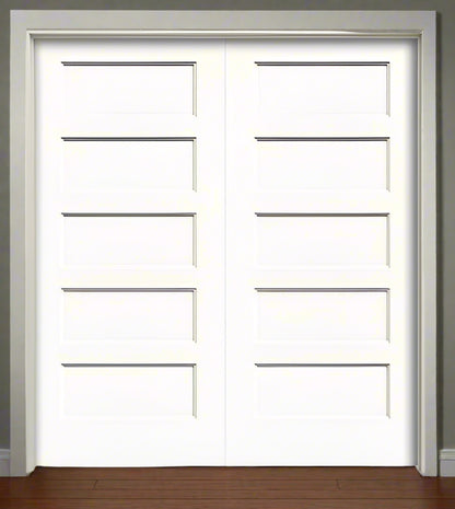 Double PreHung: Primed Moulded Smooth 5-Panel Equal Conmore Shaker Style Solid Core  1 3/8" Thick, 6/8(80") Height, w/T-ASTRAGAL