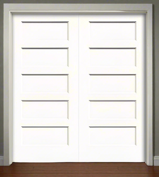 Double PreHung: Primed Moulded Smooth 5-Panel Equal Conmore Shaker Style Solid Core  1 3/8" Thick, 6/8(80") Height, w/T-ASTRAGAL