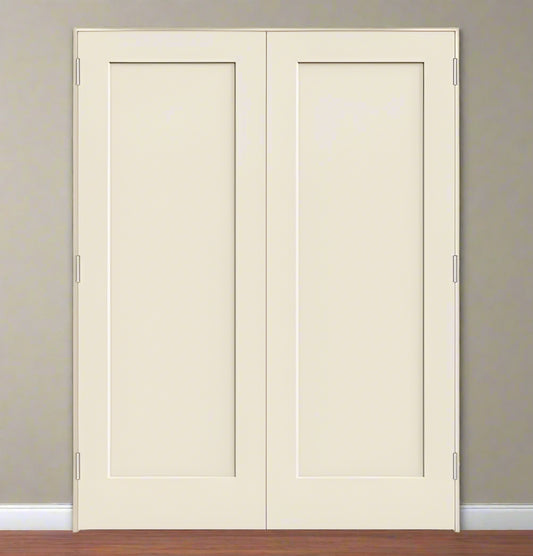 Double PreHung: Primed Moulded Smooth 1-Panel Madison Shaker Style Solid Core  1 3/8" Thick, 6/8(80") Height, w/T-ASTRAGAL