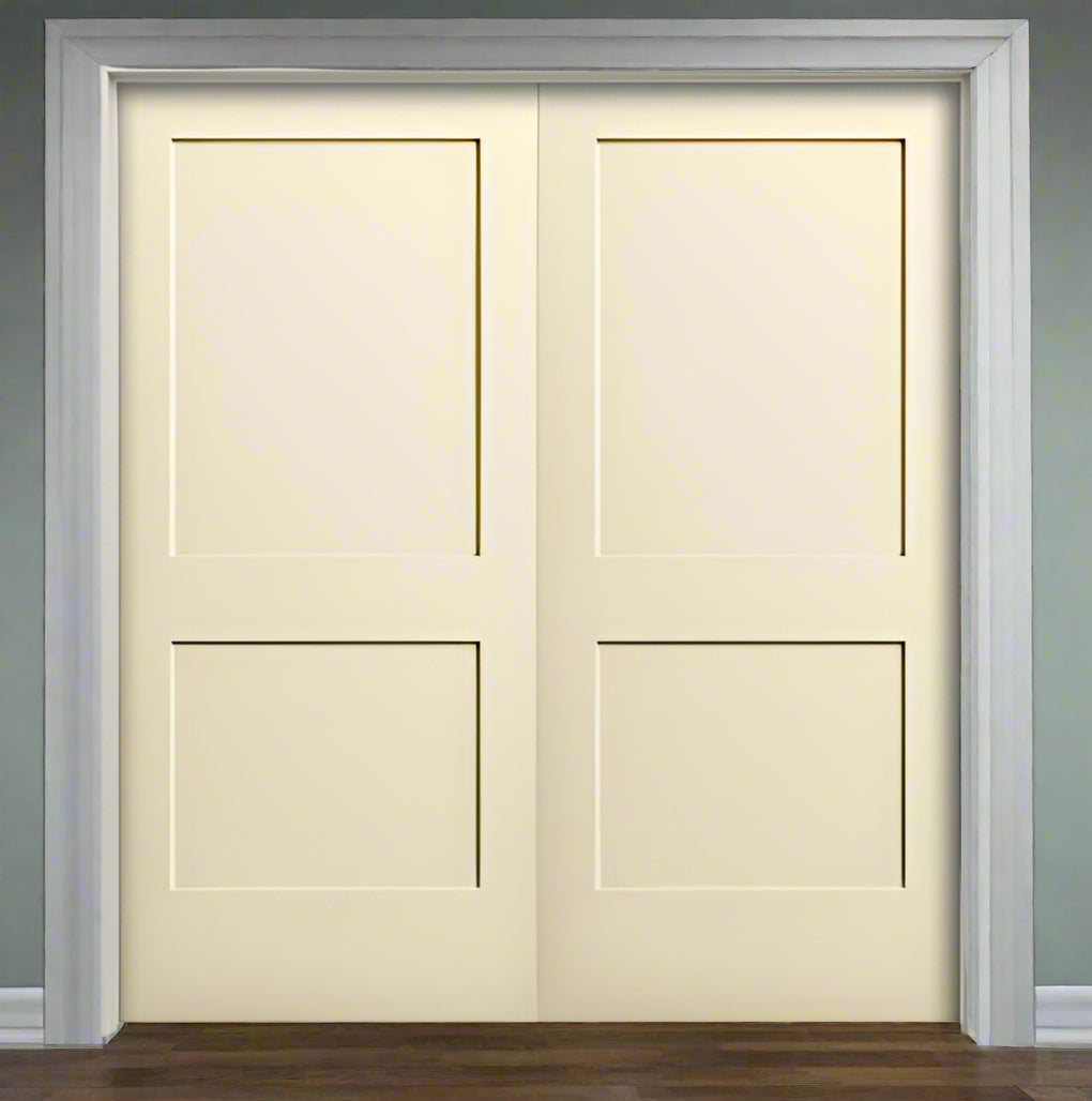 Double PreHung: Primed Moulded Smooth 2-Panel Monroe Shaker Style Hollow Core  1 3/8" Thick, 6/8(80") Height, w/T-ASTRAGAL