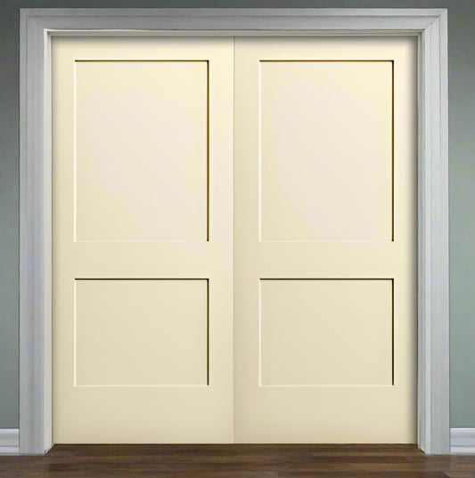 Double PreHung: Primed Moulded Smooth 2-Panel Monroe Shaker Style Solid Core  1 3/8" Thick, 6/8(80") Height, w/T-ASTRAGAL
