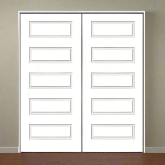 Double PreHung: Rockport 6/8(80") Primed Moulded Smooth 5-Panel Equal Raised Hollow Core Slab 1 3/8" w/ball catch