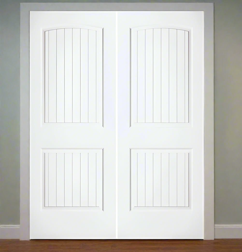 Double PreHung: Primed Moulded Smooth 2-Panel Roundtop Planked Raised SanteFe Hollow Core Slab 1 3/8" Thick. 6/8(80") Height w/ball catch