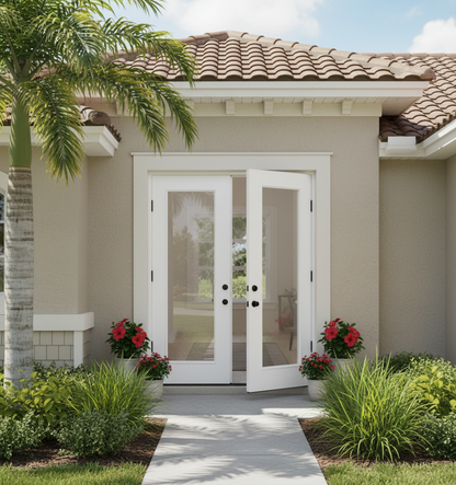 Exterior Full Lite fiberglass Double Entry door with clear glass
