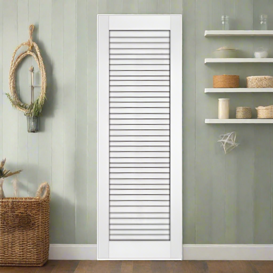 Single Pre-Hung: Primed MDF Smooth Plantation Full Louver Hung on a Primed Finger Joint Flat Jamb