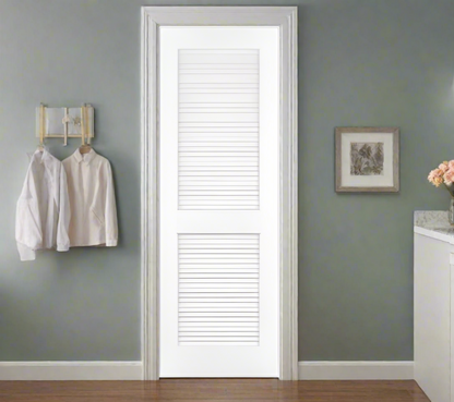 Single Pre-Hung: Primed MDF Smooth Louver Over Louver Hung on a Primed Finger Joint Flat Jamb