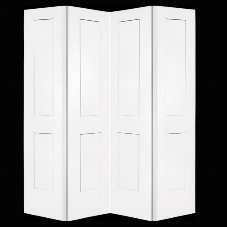 Bifold:Monroe Primed Moulded Smooth 2-Panel Shaker Style Panel Hollow Core Bifold Door w/Hardware