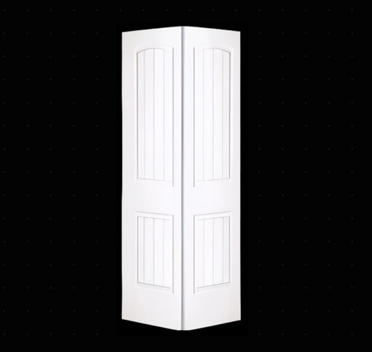 Bifold:SanteFe Primed Moulded Smooth 2-Panel Roundtop Plank Raised Panel Hollow Core Bifold Door w/Hardware