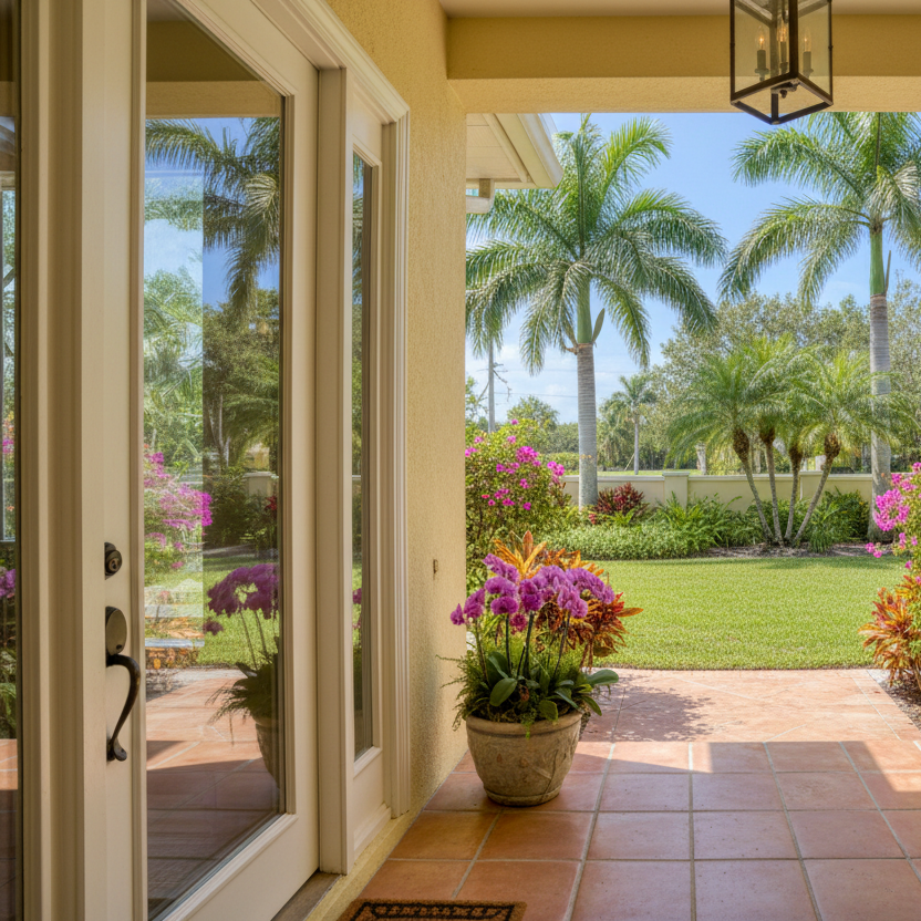 Show the entry door of a florida home in a full light glass